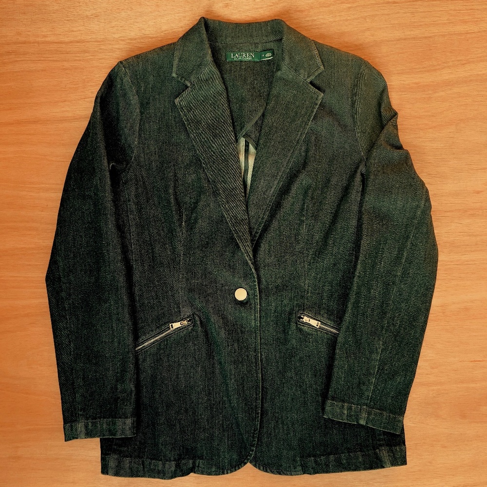 Lauren Ralph Lauren women's denim blazer size 10 black jean jacket classic slim